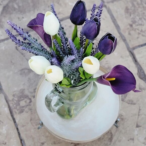 Purple White Calla Lilly Tulip Arrangement Flower Centerpiece Home Table Decor - Picture 4 of 5